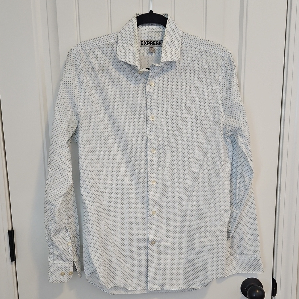 Express Men's White and Blue Patterned Shirt